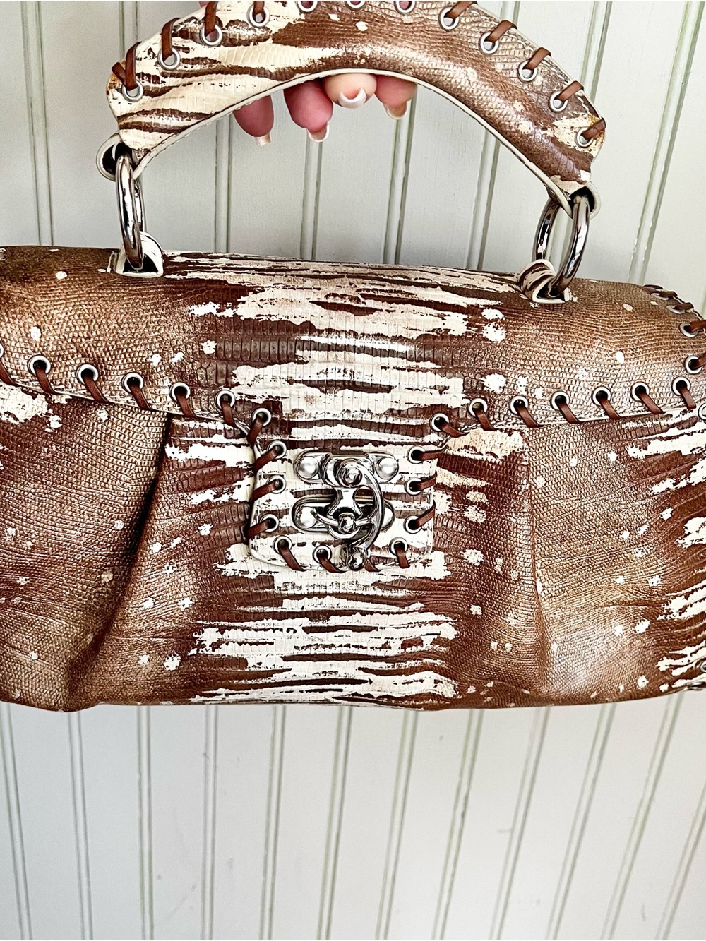 Sondra Robert’s Whipstitch Croc Embossed Two Tone Tan Satchel Hand Bag - Picture 11 of 11